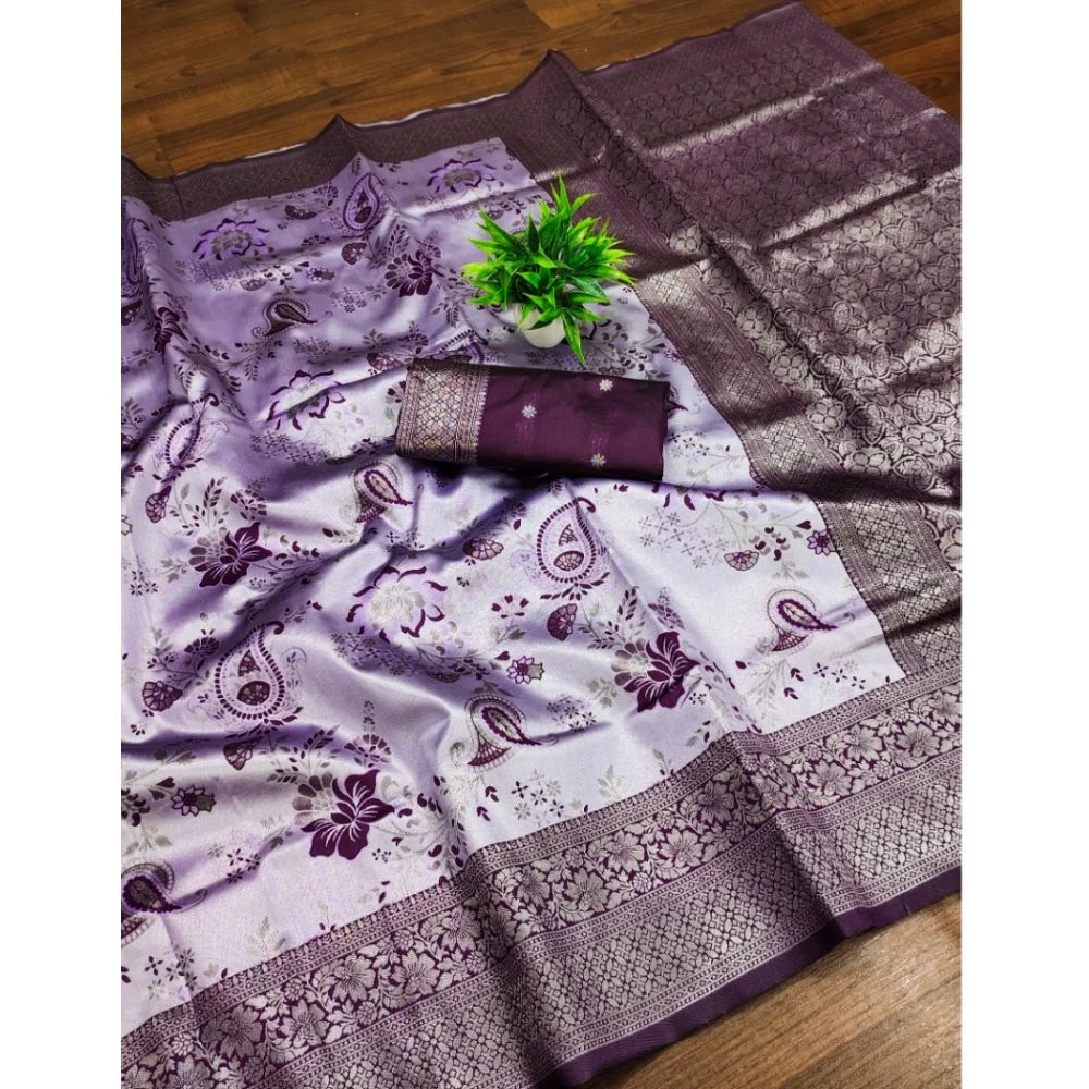 Women's Banarasi Jacquard Printed Saree With Unstitched Blouse 5.5Mtr (Purple)