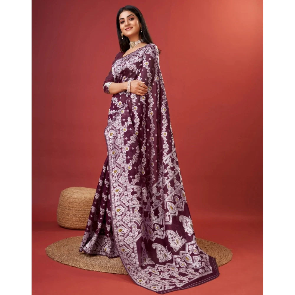Women's Cotton Silk Printed Saree With Unstitched Blouse 5.5Mtr (Purple)