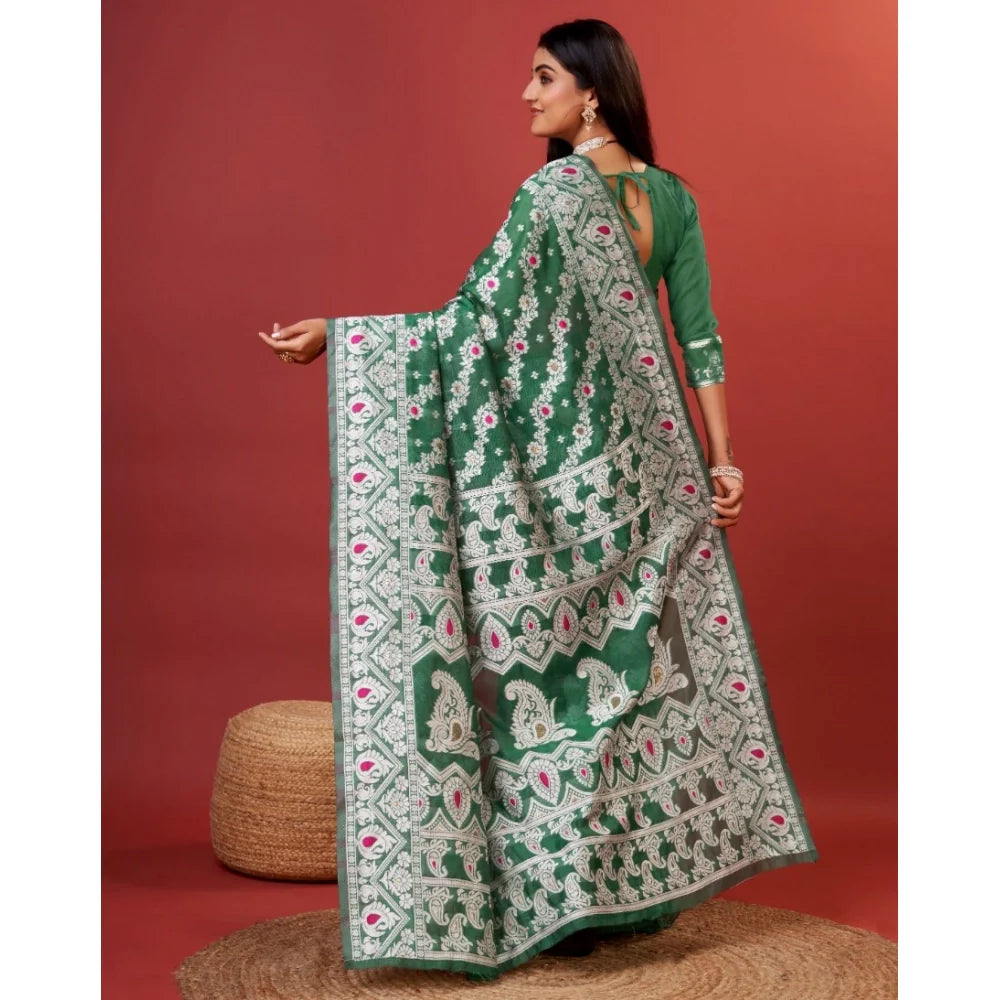 Women's Cotton Silk Printed Saree With Unstitched Blouse 5.5Mtr (Green)