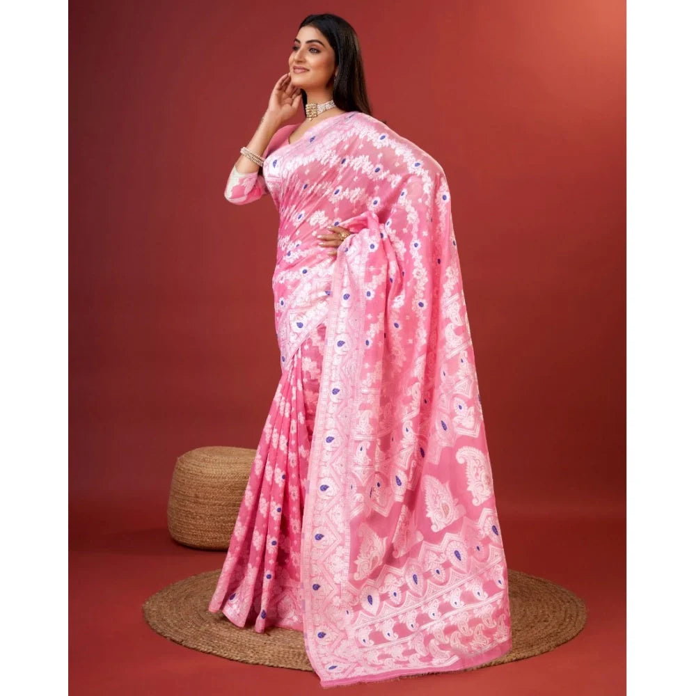 Women's Cotton Silk Printed Saree With Unstitched Blouse 5.5Mtr (Pink)