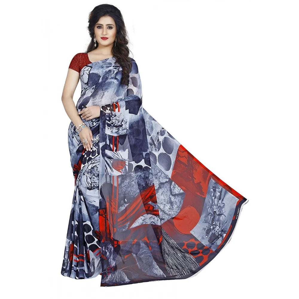 Women's Faux Georgette Printed Saree With Unstitched Blouse 5.5Mtr (Black)