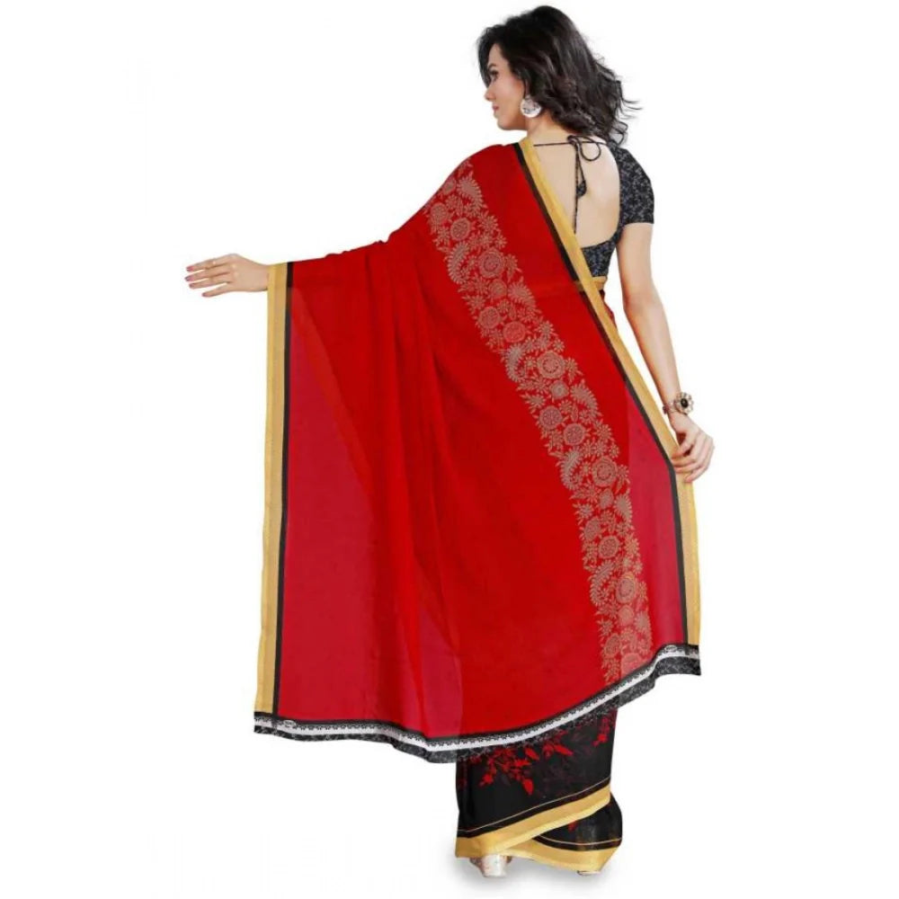 Women's Faux Georgette Printed Saree With Unstitched Blouse 5.5Mtr (Red)