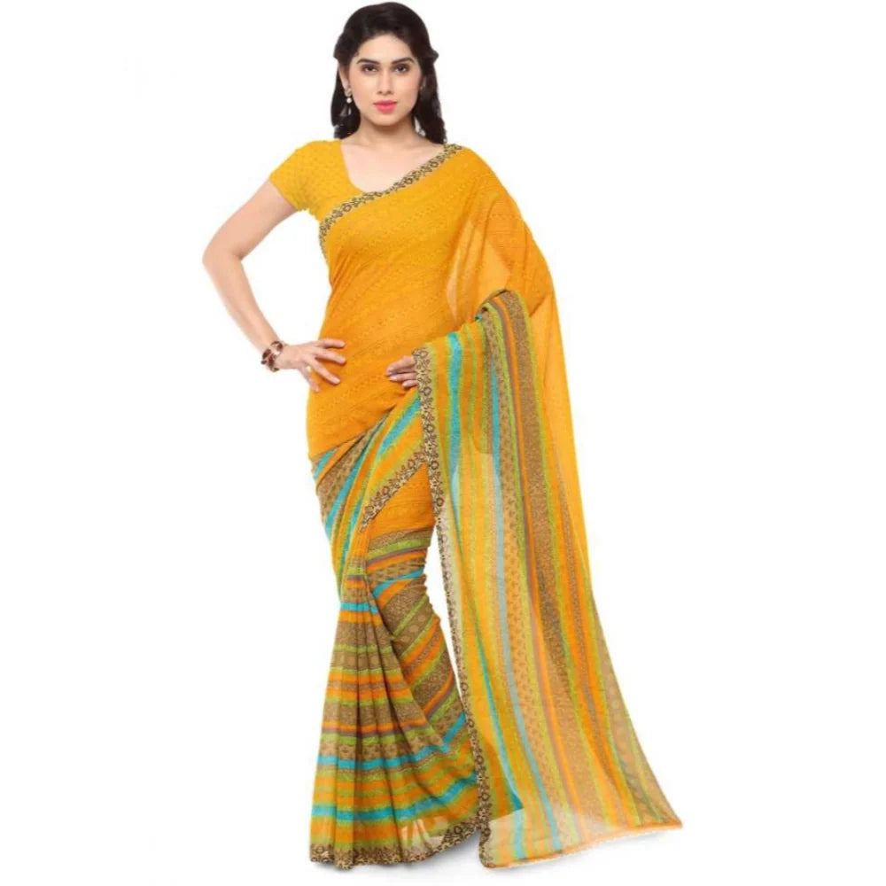 Women's Faux Georgette Printed Saree With Unstitched Blouse 5.5Mtr (Yellow)