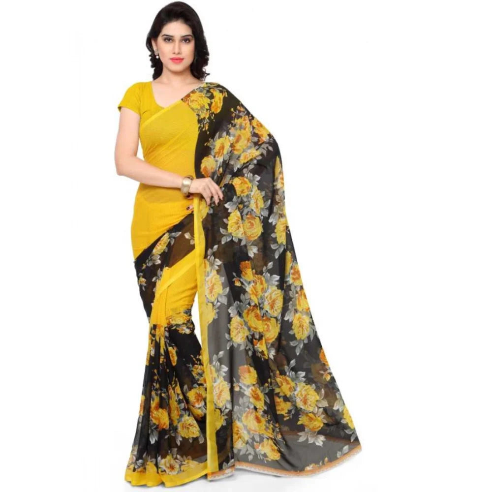 Women's Faux Georgette Printed Saree With Unstitched Blouse 5.5Mtr (Yellow)