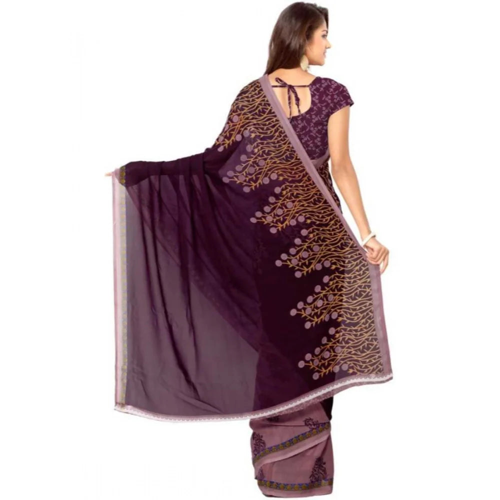 Women's Faux Georgette Printed Saree With Unstitched Blouse 5.5Mtr (Wine)