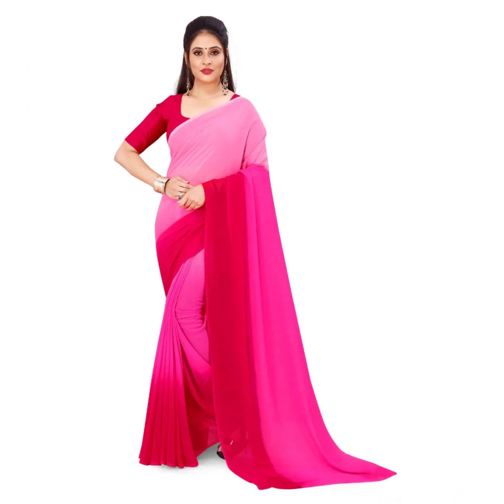 Women's Georgette Solid Saree With Unstitched Blouse 5.5Mtr (Pink)