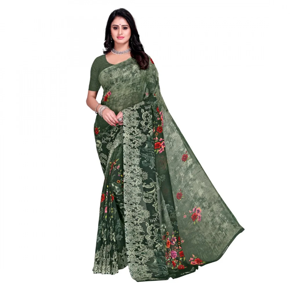 Women's Faux Georgette Printed Saree With Unstitched Blouse 5.5Mtr (Green)
