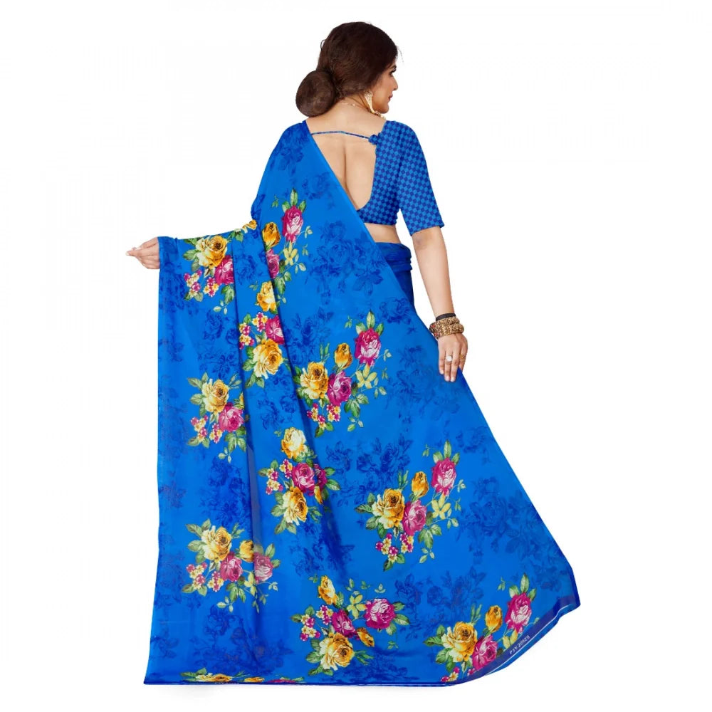 Women's Faux Georgette Printed Saree With Unstitched Blouse 5.5Mtr (Blue)