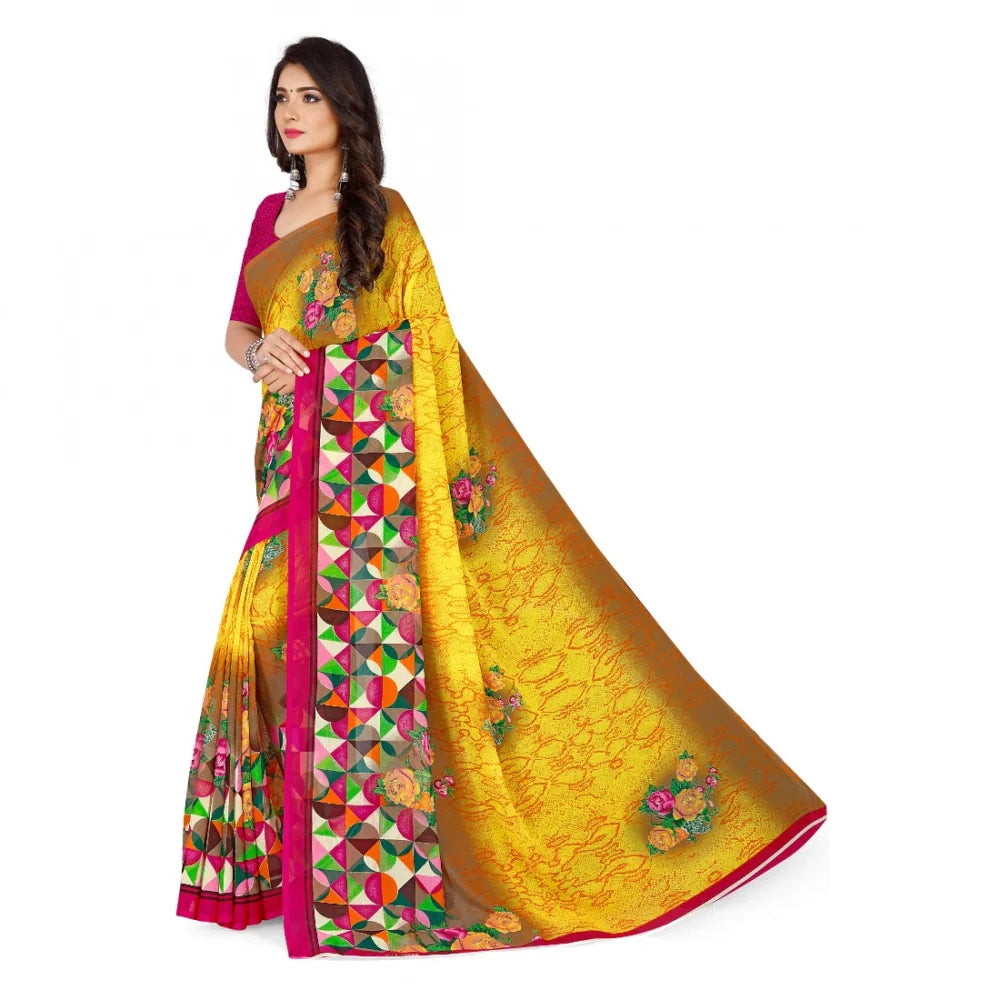 Women's Faux Georgette Printed Saree With Unstitched Blouse 5.5Mtr (Yellow)