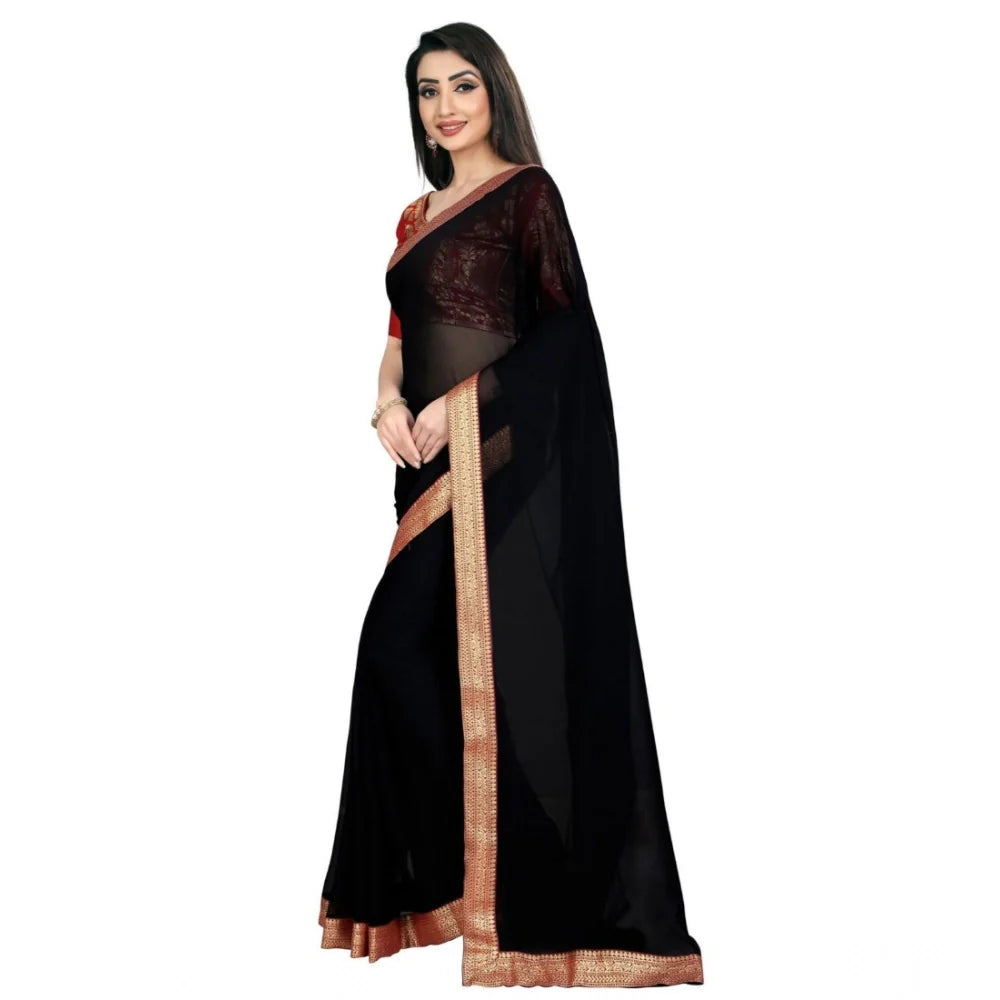 Women's Chiifon Saree Printed Saree With Unstitched Blouse 5.5Mtr (Black)