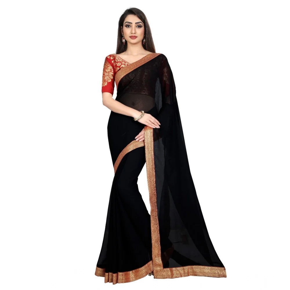 Women's Chiifon Saree Printed Saree With Unstitched Blouse 5.5Mtr (Black)