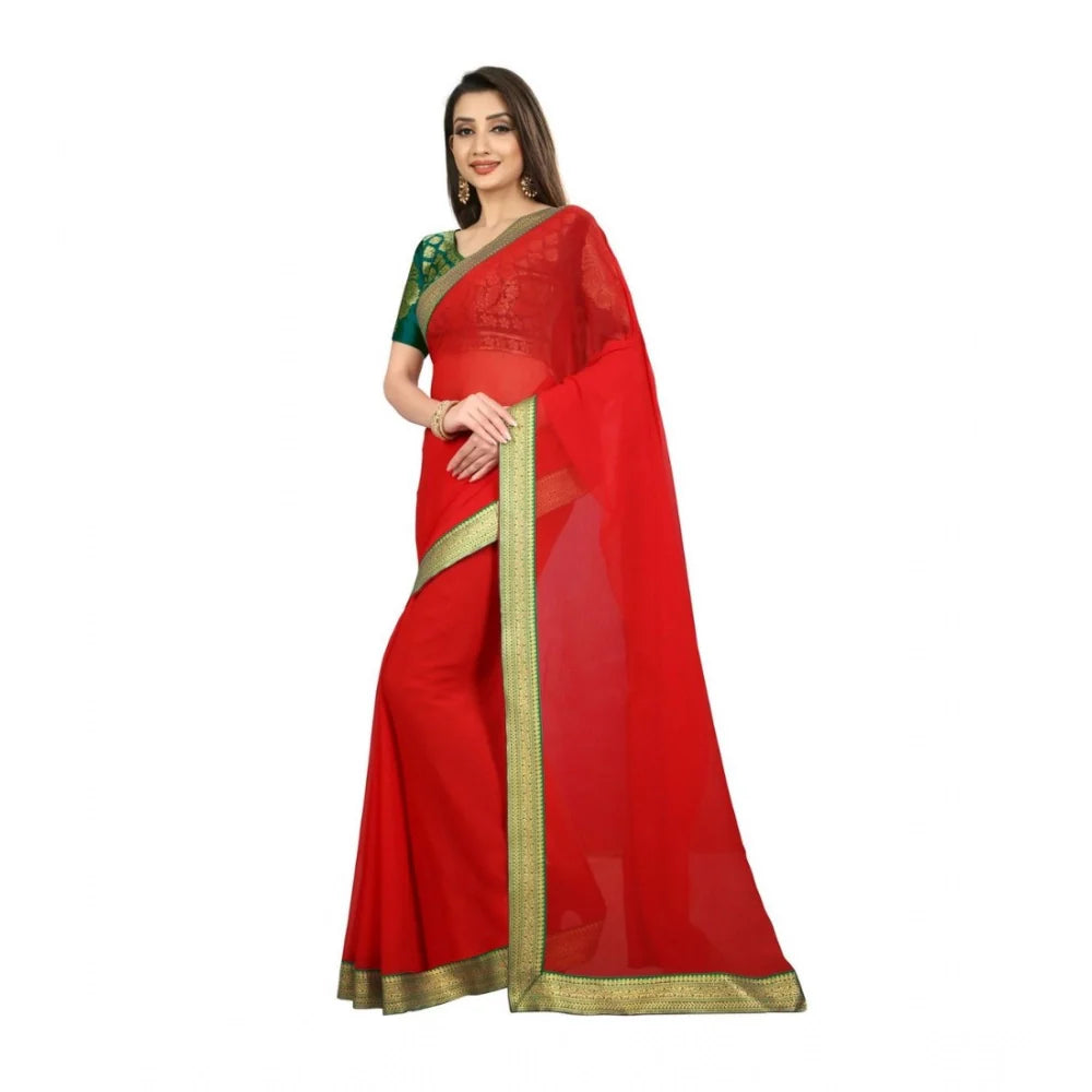 Women's Chiifon Saree Printed Saree With Unstitched Blouse 5.5Mtr (Red)