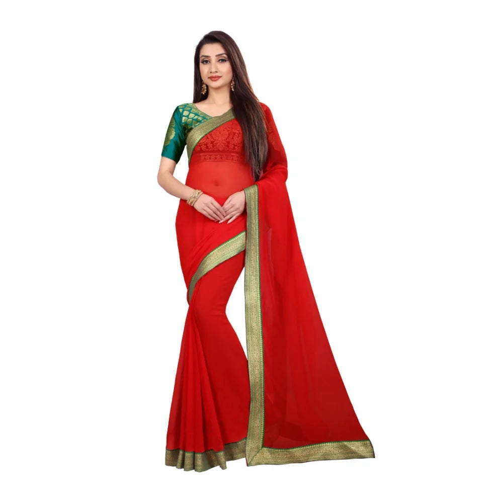 Women's Chiifon Saree Printed Saree With Unstitched Blouse 5.5Mtr (Red)