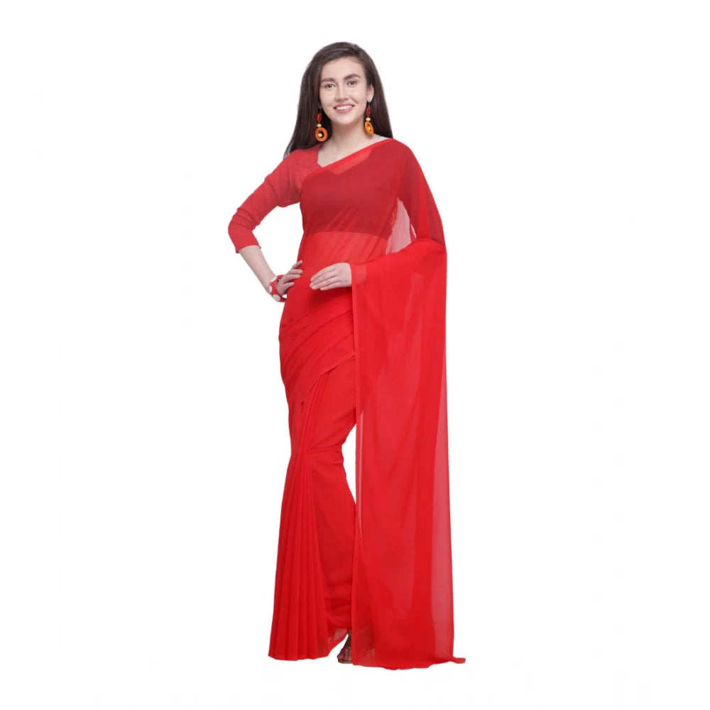 Women's Dyed Solid Saree With Unstitched Blouse 5.5Mtr (Red)
