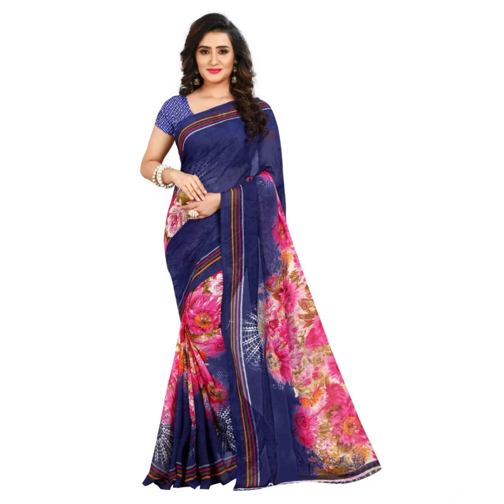 Women's Georgette Printed Saree With Unstitched Blouse 5.5Mtr (Blue)