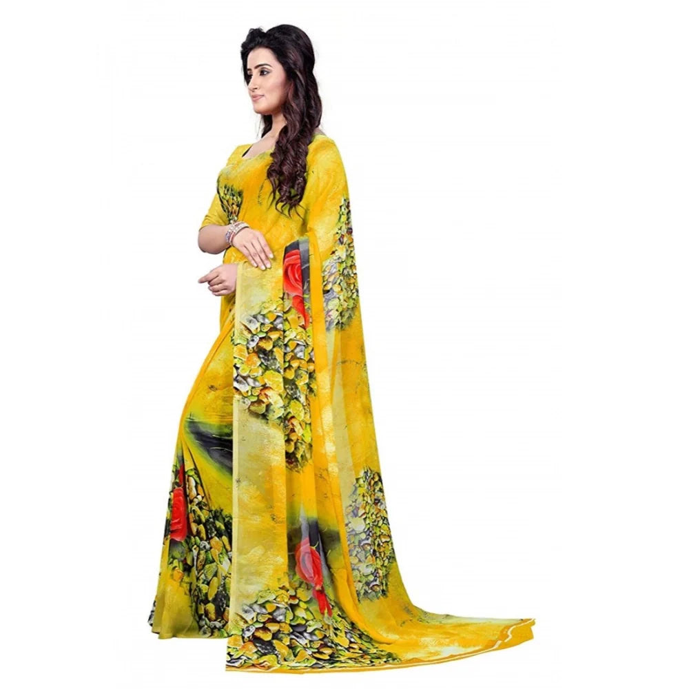 Women's Faux Georgette Printed Saree With Unstitched Blouse 5.5Mtr (Yellow)