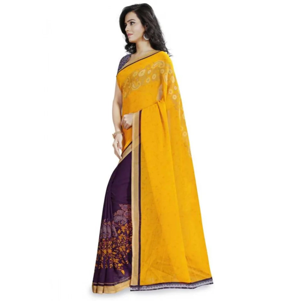 Women's Faux Georgette Printed Saree With Unstitched Blouse 5.5Mtr (Yellow)