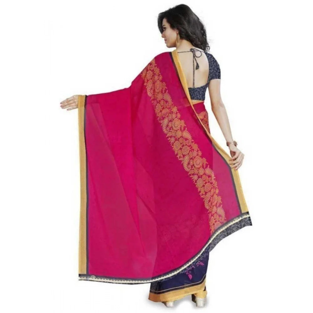 Women's Faux Georgette Printed Saree With Unstitched Blouse 5.5Mtr (Pink)