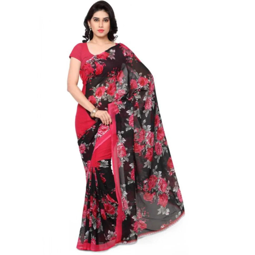 Women's Faux Georgette Printed Saree With Unstitched Blouse 5.5Mtr (Pink)