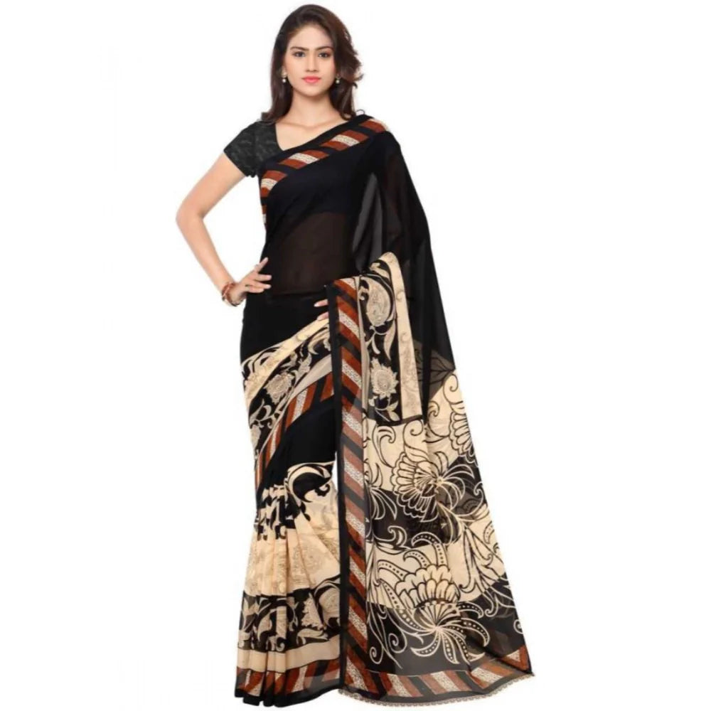Women's Faux Georgette Printed Saree With Unstitched Blouse 5.5Mtr (Black)