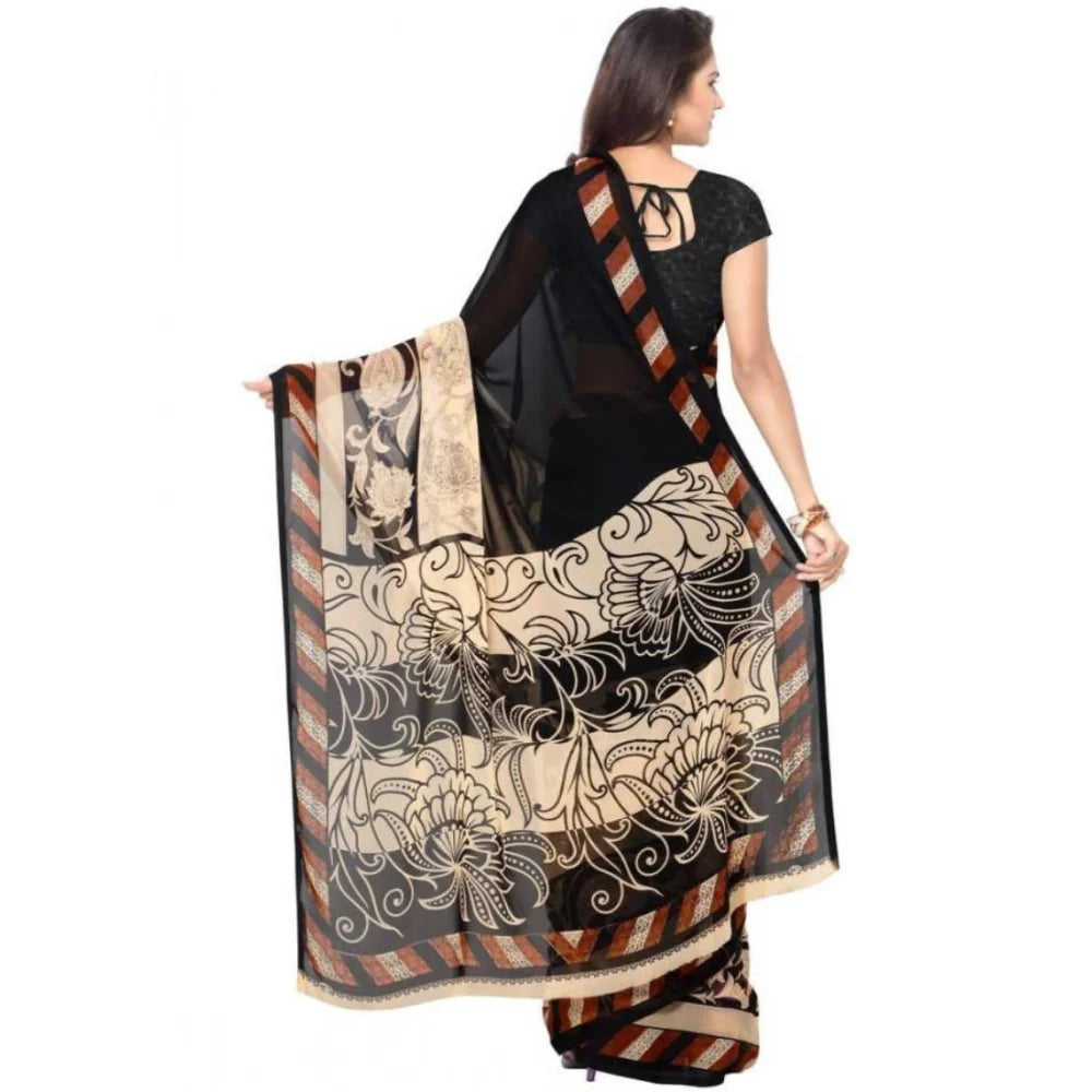 Women's Faux Georgette Printed Saree With Unstitched Blouse 5.5Mtr (Black)
