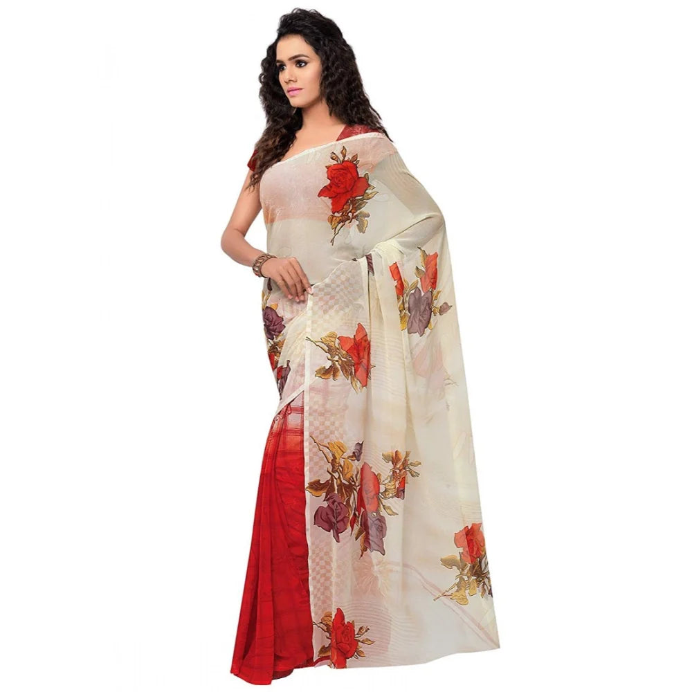 Women's Faux Georgette Printed Saree With Unstitched Blouse 5.5Mtr (Red)