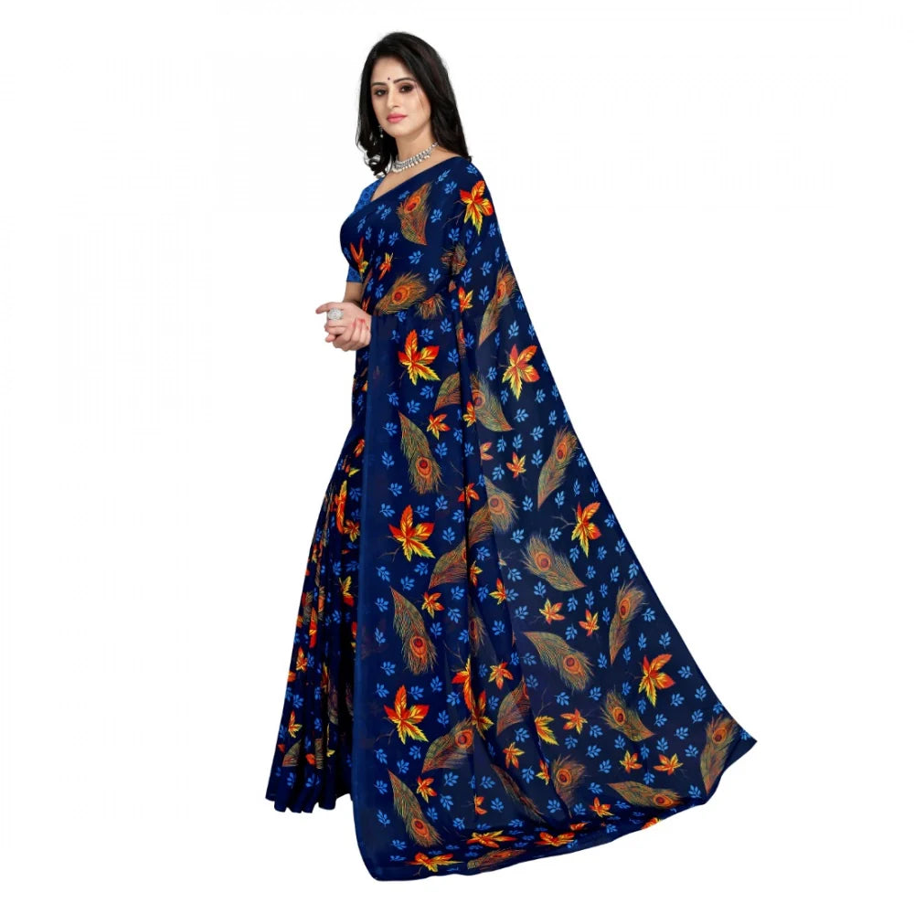 Women's Faux Georgette Printed Saree With Unstitched Blouse 5.5Mtr (Blue)