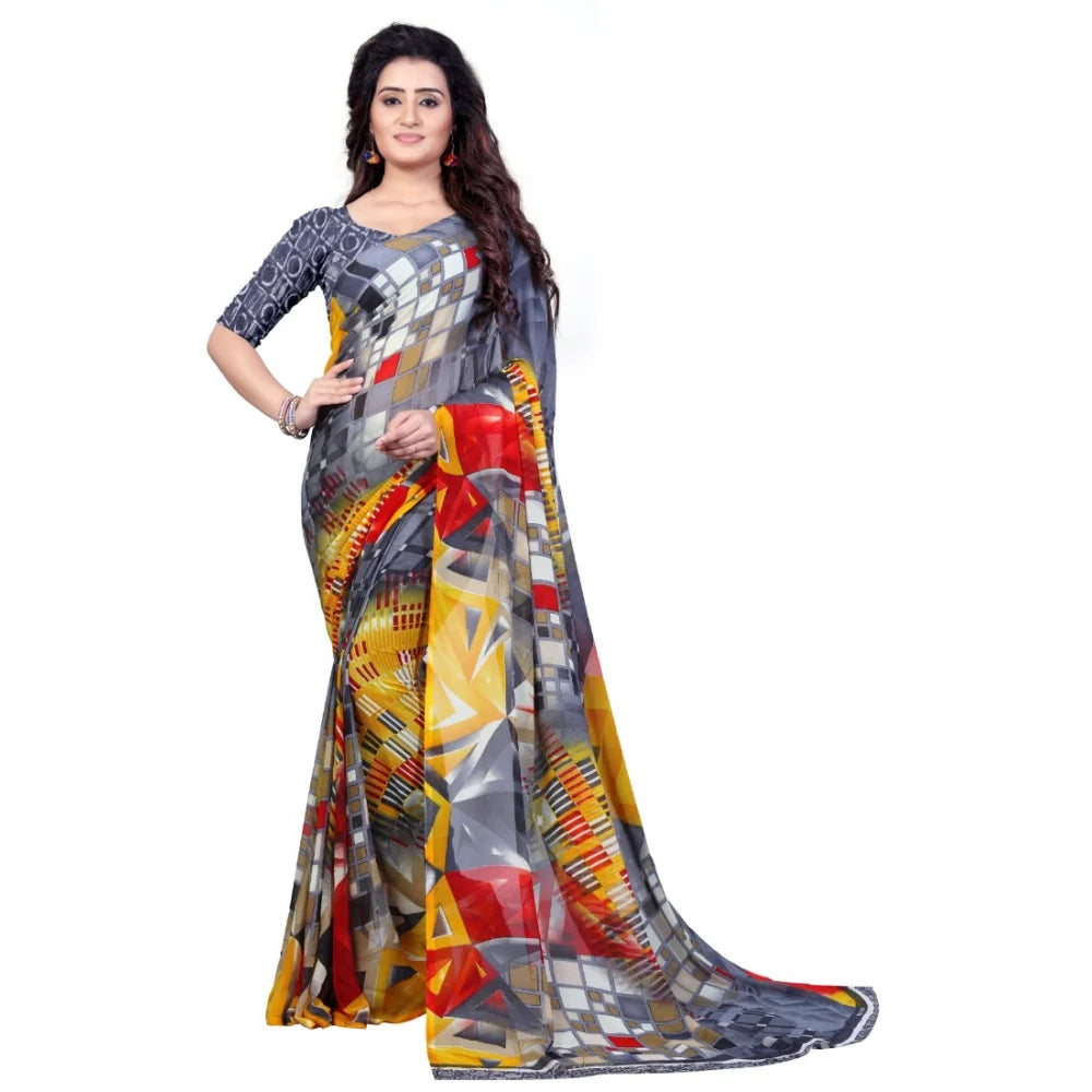 Women's Faux Georgette Printed Saree With Unstitched Blouse 5.5Mtr (Grey)