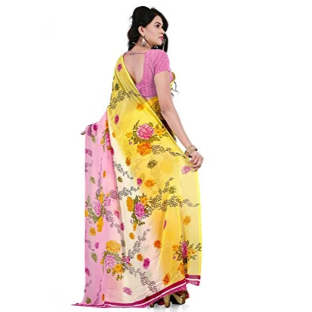 Women's Faux Georgette Printed Saree With Unstitched Blouse 5.5Mtr (Pink)
