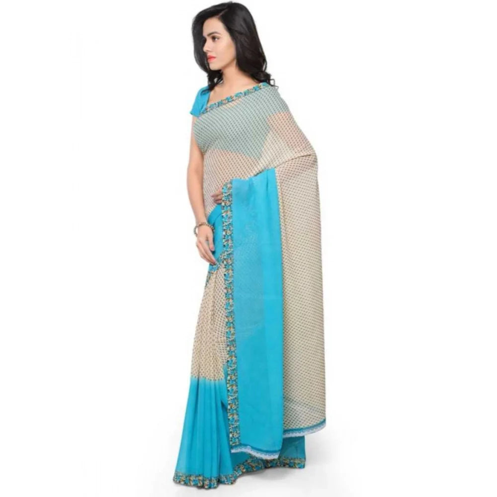 Women's Faux Georgette Printed Saree With Unstitched Blouse 5.5Mtr (Blue)