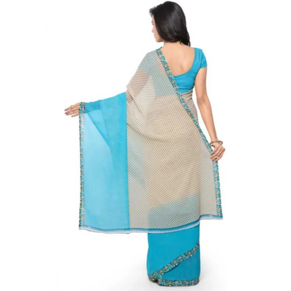 Women's Faux Georgette Printed Saree With Unstitched Blouse 5.5Mtr (Blue)