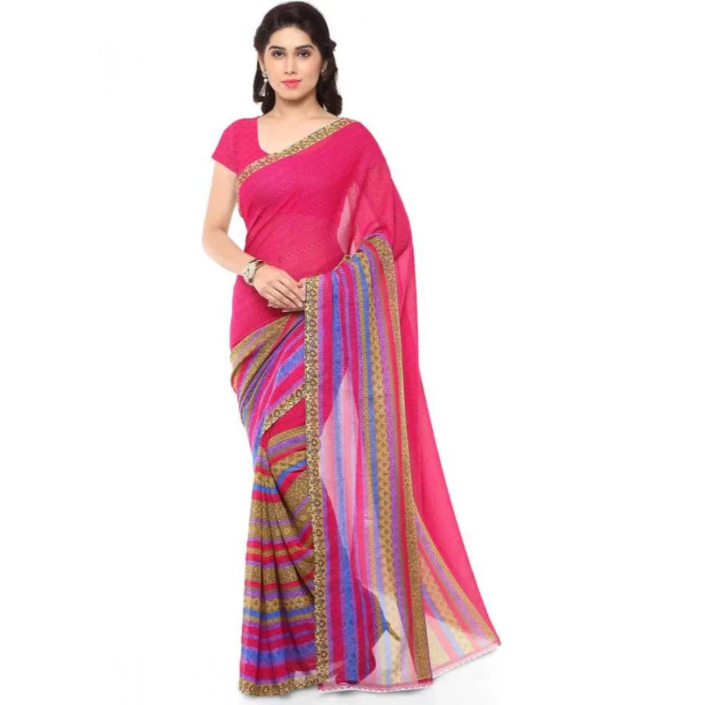 Women's Faux Georgette Printed Saree With Unstitched Blouse 5.5Mtr (Pink)