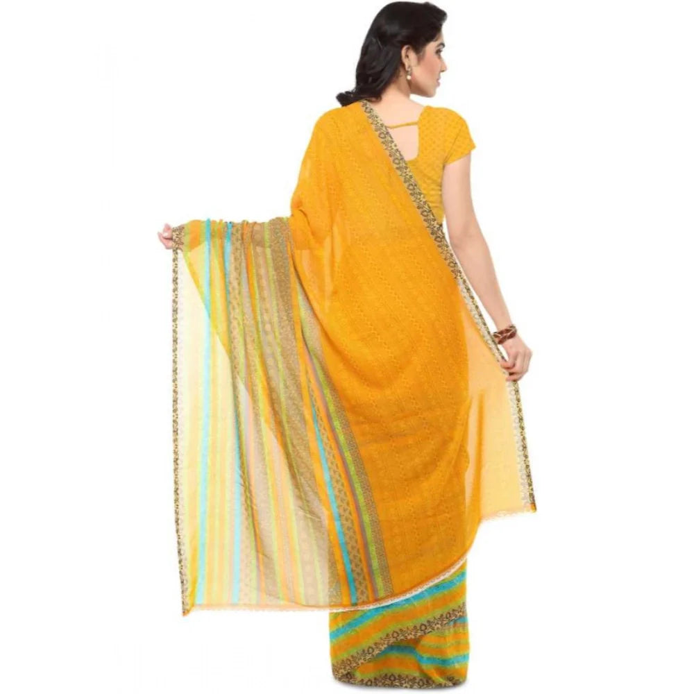 Women's Faux Georgette Printed Saree With Unstitched Blouse 5.5Mtr (Yellow)