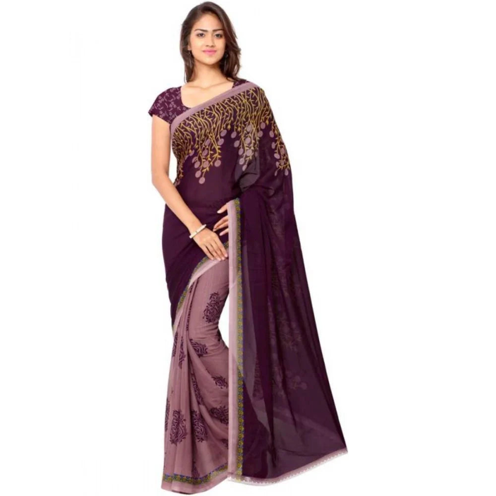 Women's Faux Georgette Printed Saree With Unstitched Blouse 5.5Mtr (Wine)