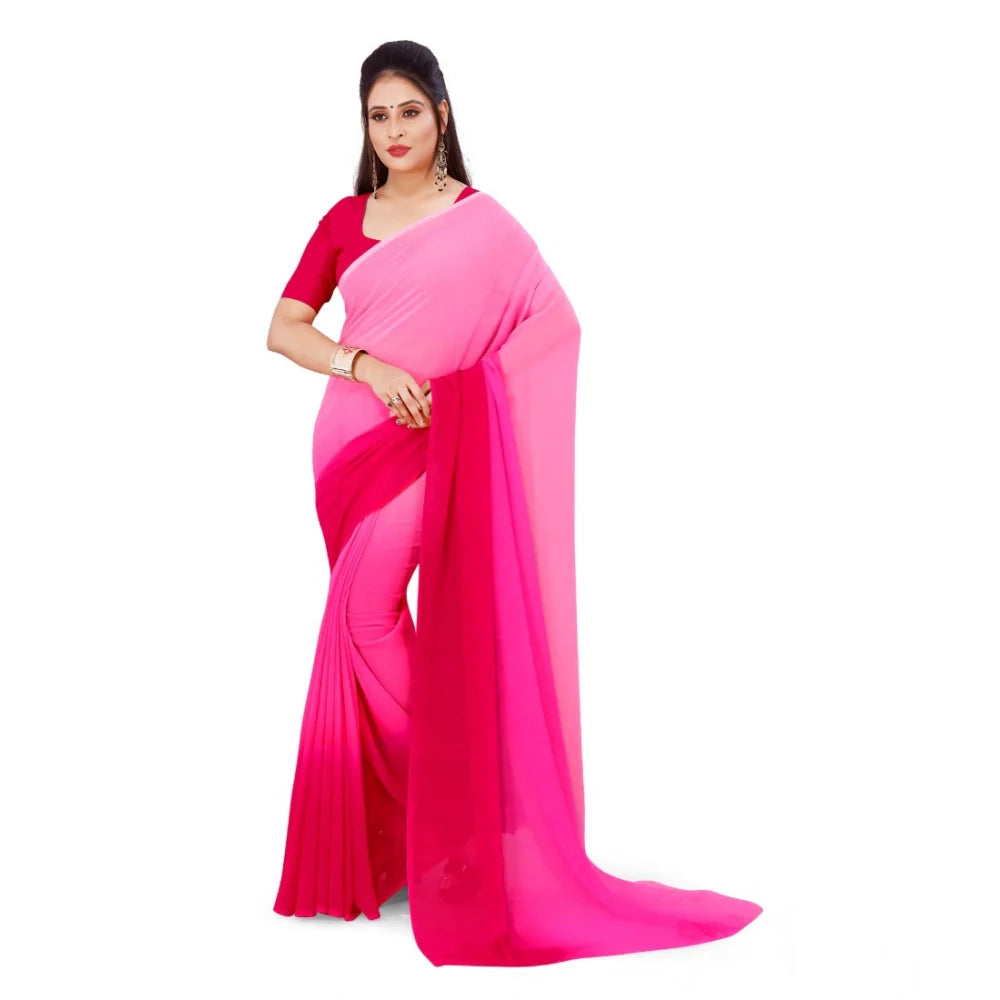 Women's Georgette Solid Saree With Unstitched Blouse 5.5Mtr (Pink)