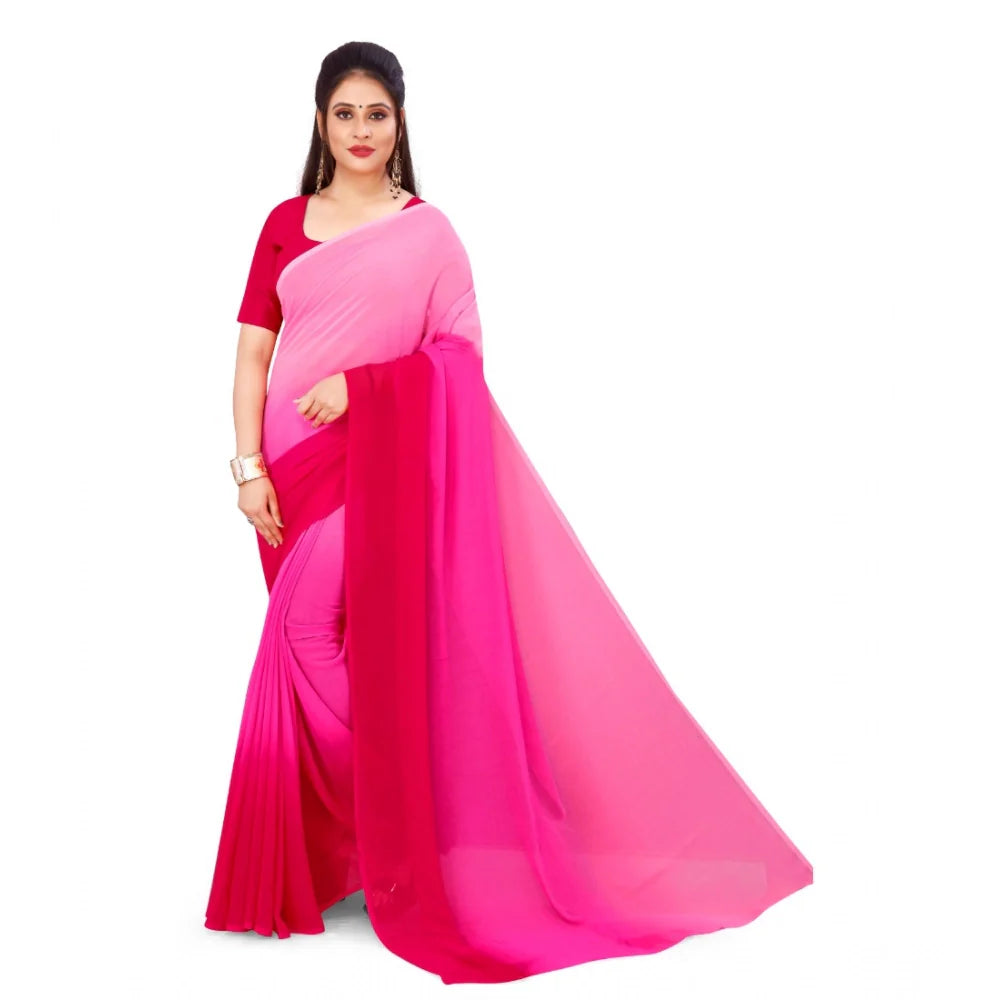 Women's Georgette Solid Saree With Unstitched Blouse 5.5Mtr (Pink)
