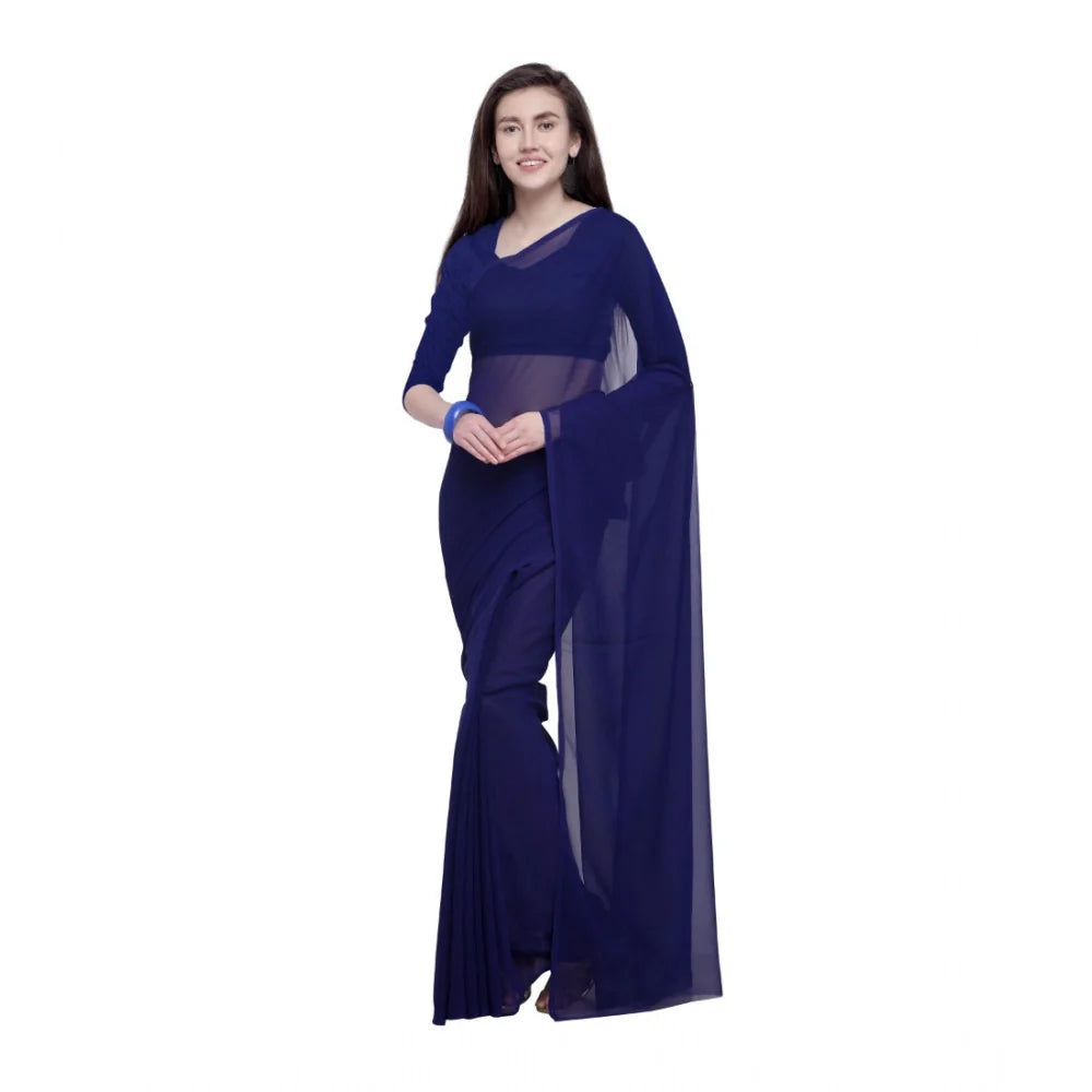 Women's Dyed Solid Saree With Unstitched Blouse 5.5Mtr (Dark Blue)