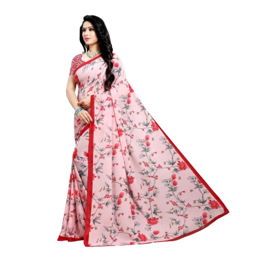 Women's Georgette Printed Saree With Unstitched Blouse 5.5Mtr (Peach)