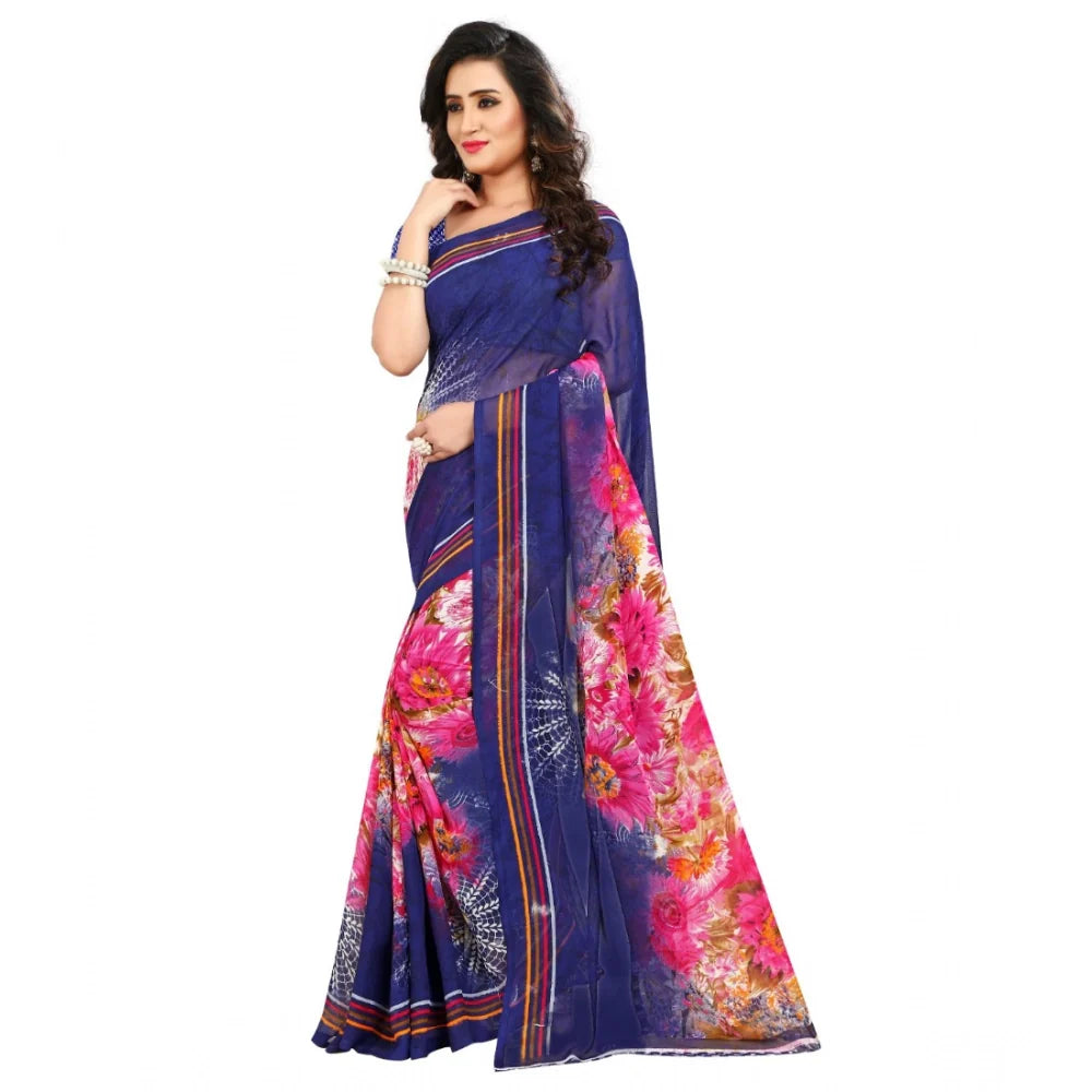 Women's Georgette Printed Saree With Unstitched Blouse 5.5Mtr (Blue)