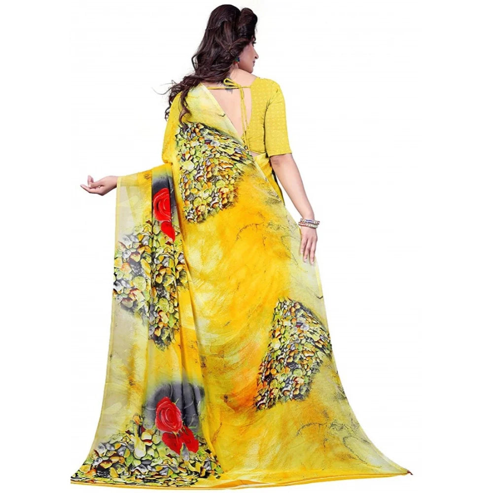 Women's Faux Georgette Printed Saree With Unstitched Blouse 5.5Mtr (Yellow)