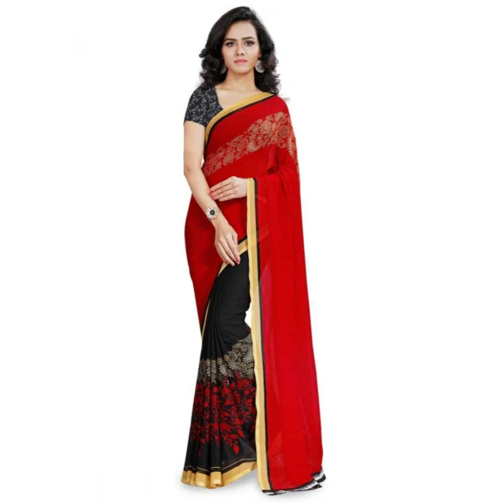 Women's Faux Georgette Printed Saree With Unstitched Blouse 5.5Mtr (Red)