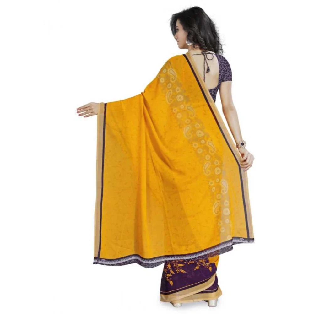 Women's Faux Georgette Printed Saree With Unstitched Blouse 5.5Mtr (Yellow)