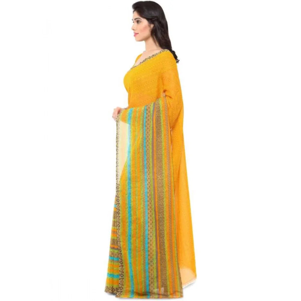 Women's Faux Georgette Printed Saree With Unstitched Blouse 5.5Mtr (Yellow)