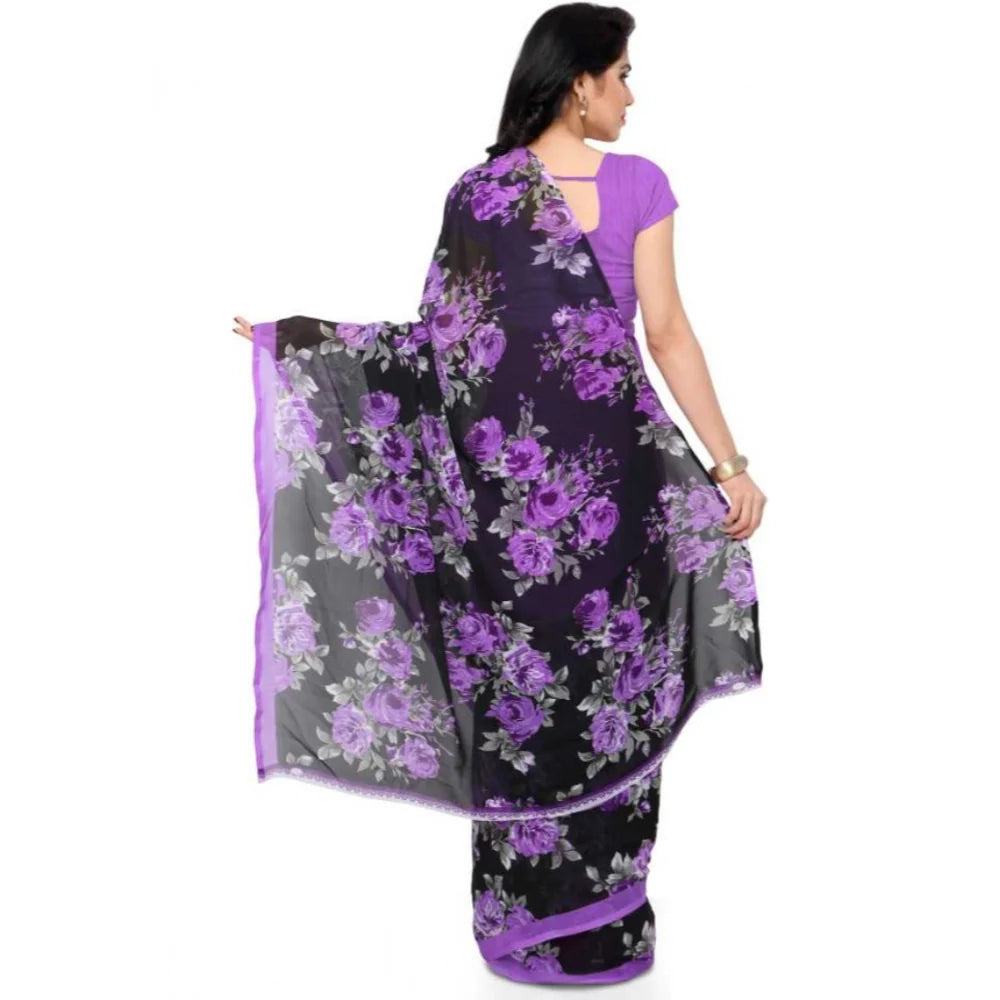 Women's Faux Georgette Printed Saree With Unstitched Blouse 5.5Mtr (Purple)