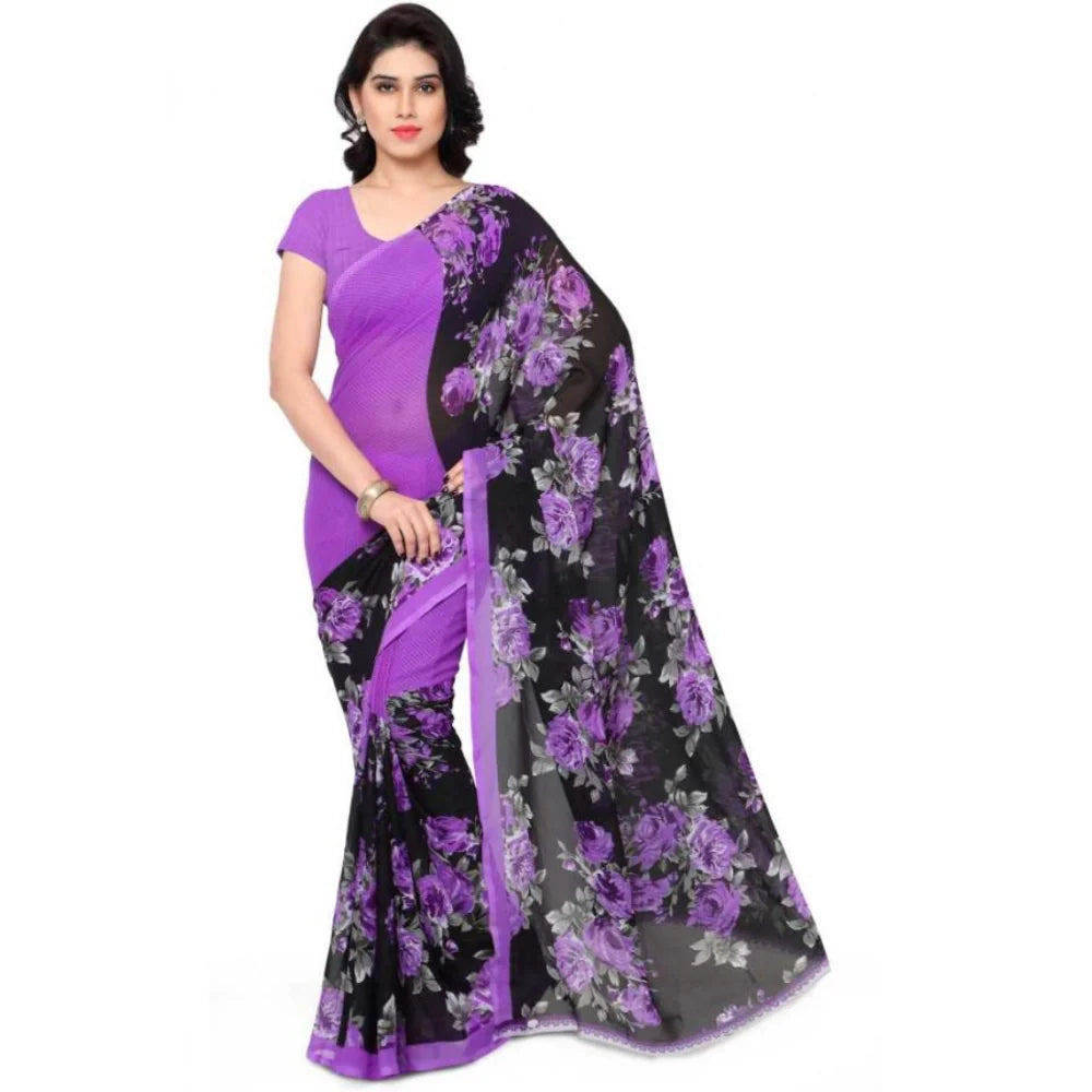Women's Faux Georgette Printed Saree With Unstitched Blouse 5.5Mtr (Purple)