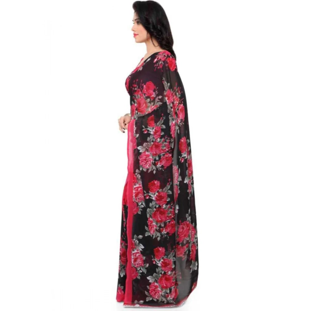 Women's Faux Georgette Printed Saree With Unstitched Blouse 5.5Mtr (Pink)