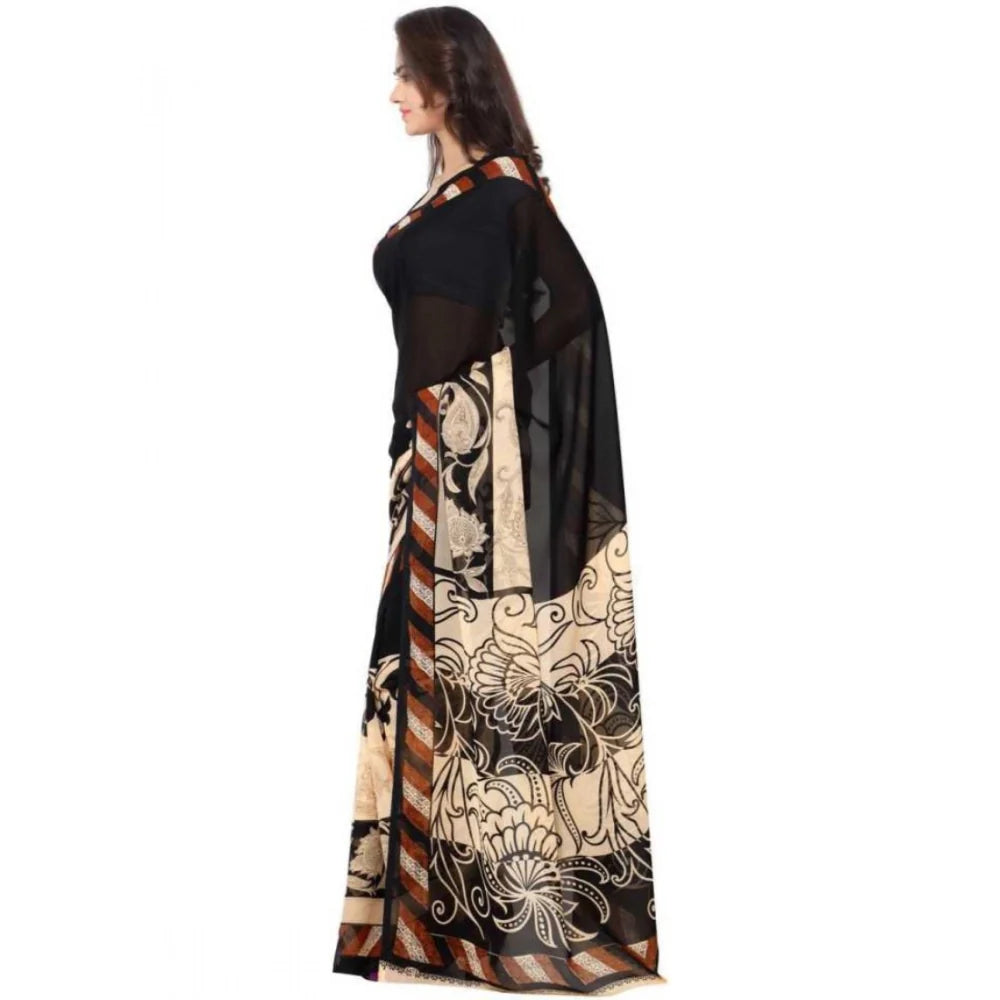 Women's Faux Georgette Printed Saree With Unstitched Blouse 5.5Mtr (Black)