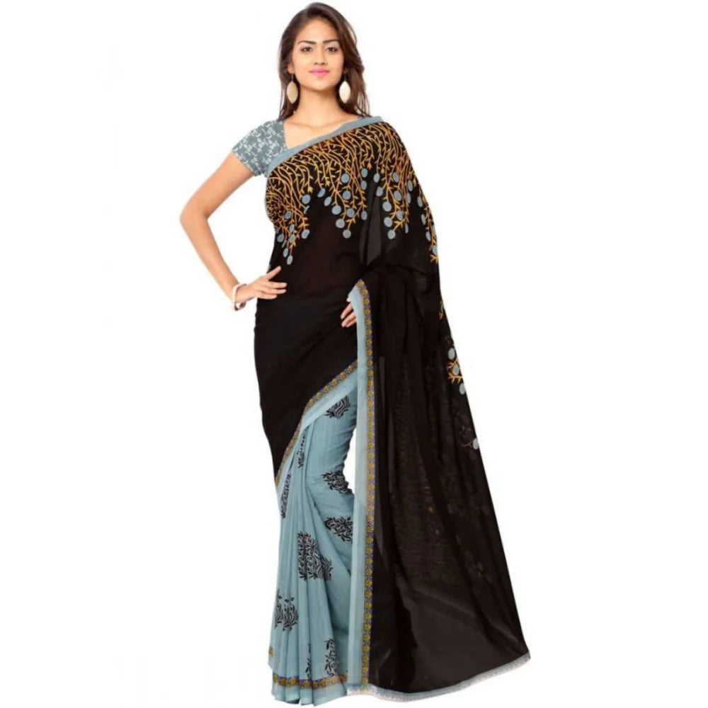 Women's Faux Georgette Printed Saree With Unstitched Blouse 5.5Mtr (Brown)