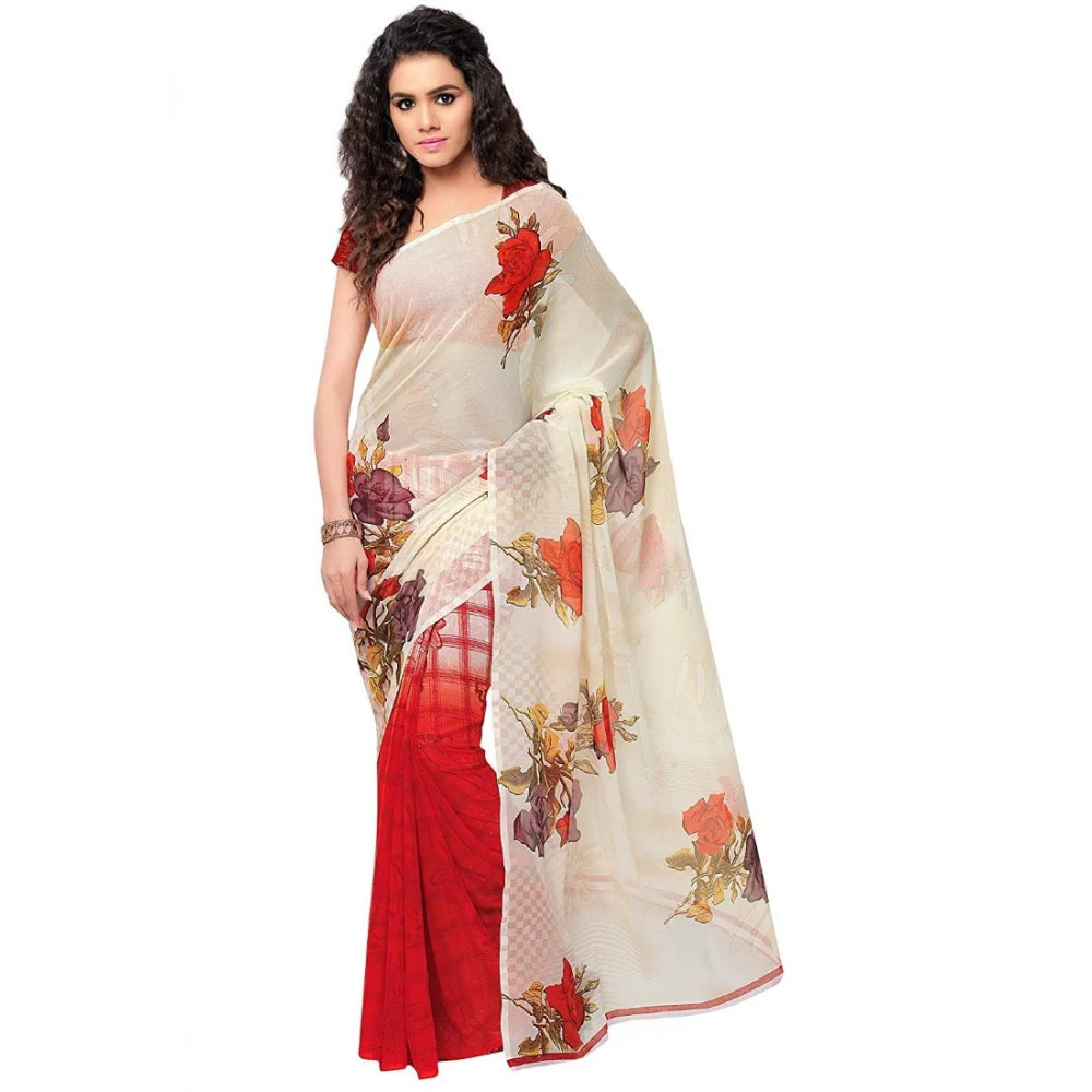 Women's Faux Georgette Printed Saree With Unstitched Blouse 5.5Mtr (Red)