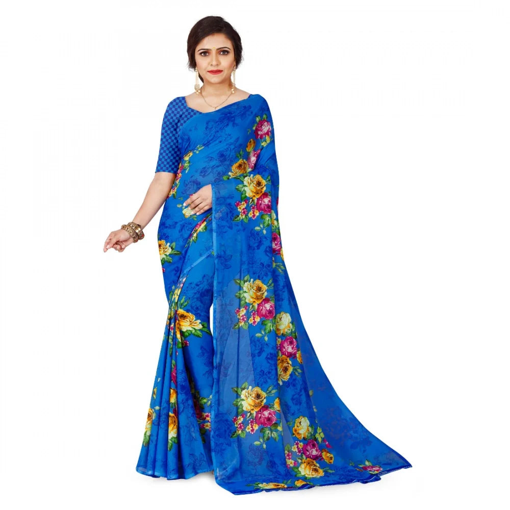 Women's Faux Georgette Printed Saree With Unstitched Blouse 5.5Mtr (Blue)
